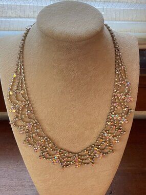 Sparkling Statement Bib Necklace  with AB Rhinestones – Silver Tone